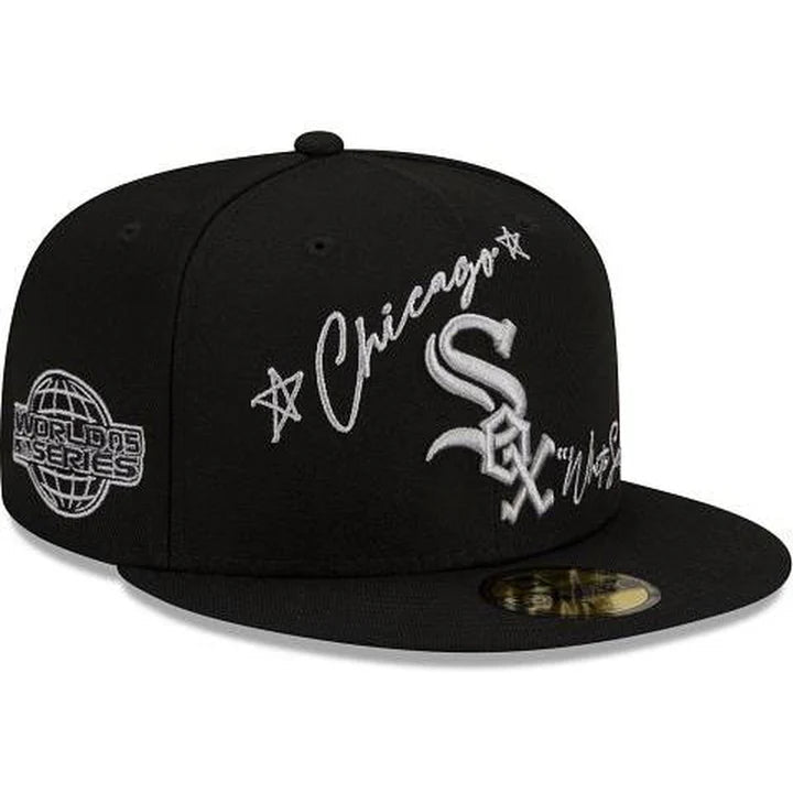Chicago White Sox Cursive 59FIFTY Fitted Hat in Black and White - RecetaSneakers